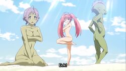 1boy 2girls beach big_breasts blue_eyes covering covering_breasts covering_crotch covering_self demon_girl demon_lord embarrassed embarrassed_nude_female enf female goblin goblin_female goblin_girl goblin_male gobta green_skin haruna_(tensei_shitara_slime_datta_ken) hobgoblin human humanoid male milim_nava mohawk_(hairstyle) monster_girl multiple_females multiple_girls naked naked_female naked_male no_visible_genitalia nude_female nude_male official_art pink_hair screenshot sitting sitting_down sunshine tensei_shitara_slime_datta_ken that_time_i_got_reincarnated_as_a_slime twintails wariza