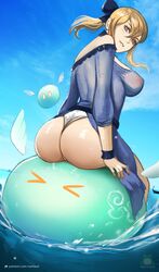 >_< 1girls back_view beach big_ass big_breasts big_butt blonde_hair from_behind genshin_impact jean_gunnhildr jean_gunnhildr_(sea_breeze_dandelion) looking_at_viewer looking_back nextoad nipples_visible_through_clothing ponytail presenting_ass sitting_on_balls slime slime_(genshin_impact) swimsuit thong_panties wet_clothes white_thong