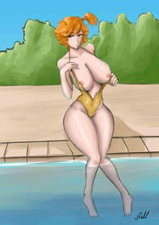 alternate_breast_size blue_eyes game_freak huge_breasts kasumi_(pokemon) nintendo one-piece_swimsuit orange_hair pokemon pool salsdraws swimsuit thick_thighs undressing voluptuous