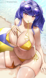 1girls 2021 arm_by_side ass_visible_through_thighs azur_lane beach beach_ball belly_button bikini bikini_top_in_mouth bikini_top_undone blush breasts cameltoe cleavage detailed_background erect_nipples erect_nipples_under_bikini female female_focus female_only fouriasensei hand_on_breast large_breasts looking_at_viewer medium_hair micro_bikini nipples outdoors pola_(azur_lane) purple_hair red_eyes sand side-tie_bikini sitting skindentation smile smiling_at_viewer starfish sunglasses sunglasses_on_head sweat sweaty_breasts sweaty_thighs swimsuit thick_thighs thighhighs thighs tight_bikini twintails underboob water yellow_bikini