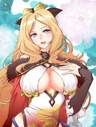 1girls alternate_costume azur_lane blonde_hair blue_eyes breast_curtains breasts chaser_(azur_lane) chaser_(the_way_of_the_dragon_empery)_(azur_lane) cleavage commentary_request female female_only hand_on_own_chest head_tilt highres large_breasts light-skinned_female light_skin long_hair mariko_(marumarimari) official_alternate_costume open_mouth royal_navy_(azur_lane) sideboob solo underboob wavy_hair