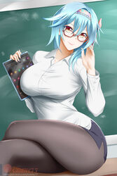 1girls 2:3 big_breasts blue_hair breasts classroom clothed clothes clothing crossed_legs eula_(genshin_impact) eyebrows eyebrows_visible_through_hair eyelashes female female_only fully_clothed genshin_impact glasses hi_res hips huge_breasts human human_only humanoid kimmy77 large_breasts looking_at_viewer pantyhose pose posing seductive seductive_eyes seductive_look seductive_smile skirt smile smiling smiling_at_viewer solo solo_female teacher thick thick_thighs thighs voluptuous watermark wide_hips