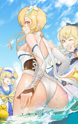 3girls absurdres adapted_costume alternate_costume ass barbara_(genshin_impact) barbara_(summertime_sparkle)_(genshin_impact) bare_shoulders blonde_hair blue_eyes blue_sky bow bowtie cloud cloudy_sky day female flower from_behind genshin_impact hair_flower hair_ornament hairbow hat highres jean_gunnhildr jean_gunnhildr_(sea_breeze_dandelion) looking_at_viewer looking_back lumine_(genshin_impact) multiple_girls nun ocean one-piece_swimsuit one_eye_closed open_mouth partially_submerged rubber_duck siblings sidelocks sisters sky smile snowbunny_heaven summer swimsuit swimwear twintails vambraces water white_swimsuit xiaoguifeng yellow_eyes