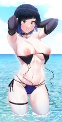 1girls 2022 akchu areolae armpits arms_behind_head arms_up black_hair blush breasts embarrassed female female_only genshin_impact green_eyes hi_res hips huge_breasts large_areolae looking_at_viewer nipples outdoors short_hair slim_waist thick_thighs thighs wardrobe_malfunction water wet wide_hips yelan_(genshin_impact)