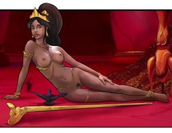 1girls aladdin arabian areolae black_hair breasts dark-skinned_female dark_skin disney disney_princess evil_queen_jasmine female female_only jafar_harem_outfit lamp long_hair medium_breasts ninnis nipples nude on_side pinup pose princess_jasmine pubes pubic_hair pussy solo tied_hair