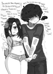 belly_button black_and_white black_hair blushing hair_over_eyes hosttoasty long_hair milf mother_and_son small_breasts tagme thighs underwear