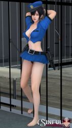 3d arms_behind_head asian_female black_hair cleavage dead_or_alive dead_or_alive_xtreme_venus_vacation jail_cell large_breasts miniskirt nagisa_(doa) police_uniform sinful_desire_ent