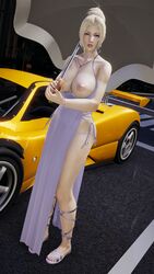 3d blonde_hair blue_eyes breasts_out car dead_or_alive dress huge_breasts necklace ninja_gaiden rachel_(ninja_gaiden) reinhardt94 revealing_clothes umbrella voluptuous