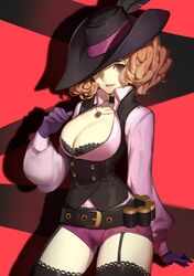 clothed female fluffy_hair garter_straps haru_okumura hat jewelry light_brown_hair necklace persona persona_5 solo songjikyo source_request tagme thighhighs