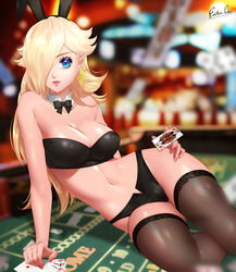 1girls black_bra black_panties blonde_hair blue_eyes blurry_background bowtie bra breasts bunny_ears bunnysuit casino casino_card_table detached_collar earrings esther-shen fake_animal_ears female hair_over_one_eye hand_on_hip holding_card large_breasts long_hair looking_at_viewer mario_(series) midriff navel nintendo on_table painted_fingernails panties playboy_bunny playing_card playing_cards poker_cards poker_table princess_rosalina sitting_on_table solo star_earrings strapless_bra super_mario_galaxy thighhighs zipper_panties