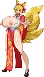 animal_ears bimbo blonde_hair breasts breasts_out bursting_breasts dismania fox_ears fox_girl fox_tail heterochromia highres huge_breasts hyper_breasts lactation large_breasts looking_at_viewer milf milk nipples puffy_nipples tagme tail