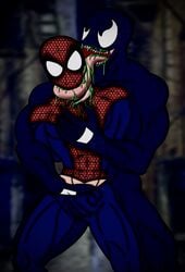 arms_behind_back bodysuit dark_alley depraved4yaoi drool drooling groping hand_in_pants hand_on_chest male male_only malesub marvel restrained smooth_skin spider-man spider-man_(series) tongue tongue_around_neck tongue_out tongue_wrap venom_(marvel)