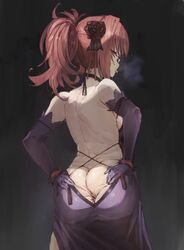 alternate_costume alternate_hairstyle anus ass backless_dress backless_outfit be_nhosinga bespectacled big_ass choker dress elbow_gloves fat_ass fate/grand_order fate_(series) female glasses gloves hair_ornament looking_at_viewer looking_back ponytail purple_dress purple_hair red_eyes scathach_(fate) scathach_(fate)_(all) solo spread_anus spread_ass tongue tongue_out