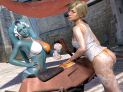 ass bikini_bottom blonde_hair blue_eyes blue_skin bocas_top car_wash carwash headdress large_breasts original_characters short_hair speeder_bike star_wars suds twi'lek voluptuous white_shirt