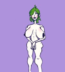 1girls ahoge areolae biceps big_ass big_biceps big_breasts big_butt big_nipples blush bottomless broad_shoulders buckteeth covering_crotch covering_pussy eyeshadow female fit fit_female gorosaur_(artist) gorossy_(artist) green_hair huge_ass huge_breasts huge_nipples lipstick muscular muscular_female muscular_thighs pale-skinned_female pale_skin short_hair short_hair_with_long_locks simple_background simple_shading small_waist sole_female thick_thighs thin_waist tiny_waist toned toned_body toned_female toned_stomach white_skin