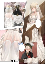 after_sex bare_back bare_shoulders blush cheating cheating_on_wedding_day cheating_wife close-up closed_eyes closed_mouth cuckold cum cum_in_pussy darling_in_the_franxx dress female haneru kokoro_(darling_in_the_franxx) light_brown_hair netorare ntr panties see-through_skirt skirt thighhighs underwear wedding wedding_dress white_panties