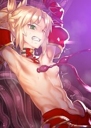 abs blonde_hair breast_sucking clenched_teeth defeated energy_drain fate/apocrypha fate/grand_order fate_(series) green_eyes half-dressed hamushima helpless midriff milking_tentacles mordred_(fate) muscular_female navel one_eye_closed restrained shirtless small_breasts struggling tentacle tentacle_sucking_breasts