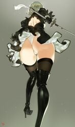 ass back_cutout black_legwear cutout female high_heels leotard medium_hair nier:_automata nier_(series) solo standing thighhighs white_background white_hair white_leotard yang-do yorha_2b