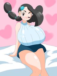 1girls alternate_breast_size big_breasts black_hair blush breasts brown_eyes candice_(pokemon) clothed clothed_female eyelashes female female_only heart huge_breasts looking_at_viewer nintendo nuruudon pale-skinned_female pale_skin pokemon pokemon_dppt short_hair sitting skirt smile solo solo_female thick_thighs turtleneck twintails voluptuous wink