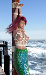 1girls about_to_cry ariel armpits arms_up beach blue_eyes bondage disney disney_princess enslaved_royal female female_only femsub gooddavy large_breasts long_hair mermaid nipples red_hair rope_bondage sad slave slavegirl solo submissive_female the_little_mermaid tied_to_post tied_up