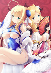 2girls alternate_costume azur_lane blonde_hair breast_curtains centaur_(azur_lane) centaur_(sprightly_spring_wind)_(azur_lane) chaser_(azur_lane) chaser_(the_way_of_the_dragon_empery)_(azur_lane) china_dress duo female female_only light-skinned_female light_skin mimelex official_alternate_costume pointy_ears royal_navy_(azur_lane) underboob