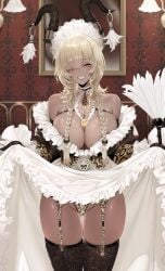 alternate_costume animal_ears animal_print ass_visible_through_thighs azur_lane bare_shoulders between_breasts black_gloves black_thighhighs blonde_hair blush braid breasts cg choker cleavage clothes_lift cowboy_shot dark-skinned_female dark_skin dishwasher1910 dress dress_lift duster female frills garter_straps gloves goat_horns grin horn_ornament horns large_breasts lifted_by_self long_hair long_sleeves looking_at_viewer low_twin_braids maid maid_headdress mole off_shoulder official_alternate_costume one_eye_closed owari_(azur_lane) panties skindentation skirt skirt_lift smile solo thigh_gap thighhighs thighs twin_braids underwear yellow_eyes