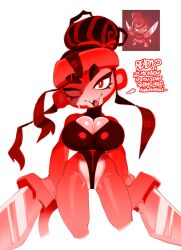 anthro big_breasts bloons_tower_defense breasts cleavage dialogue female female_only goatboydraws monkey monkey_girl primate red_body red_eyes sauda simple_background text