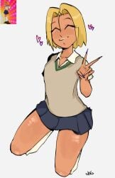 closed_eyes crossdressing fake_tan femboy gyaru heart james_(pokemon) jeteggs kneeling leg_warmers long_fingernails loose_socks nails otoko_no_ko pokemon pokemon_(anime) school_uniform schoolboy schoolgirl skirt smile sweater tan_skin team_rocket v
