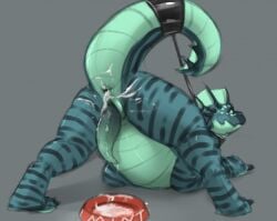 2019 after_anal anthro anus aquatic aquatic_dragon ass ass_up blue_body bodily_fluids bondage bound bowl collar container countershade_face countershade_tail countershade_torso countershading cuff_(restraint) cum cum_from_ass cum_in_ass cum_inside cum_on_butt cum_on_ground cum_on_penis dragon erection genital_fluids genitals grey_background leaking_cum looking_at_viewer looking_back looking_back_at_viewer male male_anthro minty_(mintyderg) mintyderg mythological_creature mythological_scalie mythology nude nude_anthro nude_male overweight overweight_anthro overweight_male penis pet_bowl rear_view restraints scalie simple_background solo tail tail_bondage tail_cuff tail_tied tapering_penis teal_body teal_eyes teal_penis