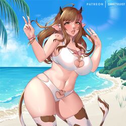 1girls beach bikini blue_sky bracelet breasts brown_hair cleavage cleavage_cutout commission cow_ears cow_girl cow_horns cow_print cow_tail draltruist earrings female female_only indie_virtual_youtuber kitsu_the_cow large_breasts long_hair looking_at_viewer mole_on_breast navel nose_piercing nose_ring ocean open_mouth peace_sign pinup smile solo thick_thighs thighhighs virtual_youtuber yellow_eyes