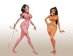 2girls a_princess_of_mars black_hair bracelet brown_eyes gold_(metal) gold_jewelry gold_pasties hand_on_hip jewelry jewelry_only john_carter_of_mars martian pink_skin ponytail revealing_clothes royalty sword tanned_skin tara_carter ulthia voluptuous wadevezecha