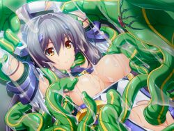 absorbgil armpits arms_up black_hair bodysuit breast_sucking breasts chest_jewel crack cum cum_on_body cum_on_breasts dutch_angle elbow_gloves exs-tia exs-tia_(exs-tia_3) female game_cg gloves grey_hair headgear inoino katsuragi_marina kouyoku_senki_exs-tia large_breasts large_variant_set leotard long_hair monster nipple_stimulation nipple_tweak nipples non-web_source official_art orange_eyes rape restrained slime_(substance) solo suggestive_fluid tentacle torn_clothes torn_gloves torn_leotard variant_set yellow_eyes
