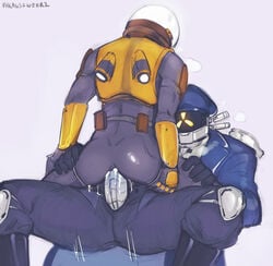 2021 2boys anal anal_sex armor ass blue_clothing blue_hat blue_headwear blue_jacket blue_topwear bodily_fluids boots bottomwear breath captain_(risk_of_rain) clothed clothing colored_sketch commando_(risk_of_rain) cowgirl_position cum cum_in_ass cum_inside cum_leaking cum_on_butt digital_media_(artwork) duo erection exhaust_vent eyeless footwear from_front_position fully_clothed gay genital_fluids genitals gloves grey_bottomwear grey_clothing grey_pants hand_on_leg hand_on_thigh handwear hat headgear headwear helmet hi_res human human_on_humanoid human_penetrated humanoid humanoid_genitalia humanoid_penetrating humanoid_penetrating_human humanoid_penis interspecies jacket knee_guards leg_grab looking_at_another looking_down lying machine male male/male male_on_bottom male_on_top male_only male_penetrated male_penetrating male_penetrating_male mammal metal_penis metallic_body motion_lines on_bottom on_top open_bottomwear open_clothing open_pants overalls pants penetration penis rear_view risk_of_rain robot robot_humanoid robot_penis robotic_penis sex shoulder_pads signature silver_body silver_penis simple_background sitting sitting_on_penis spread_legs spreading thigh_grab thrusting topwear vambraces vapor vhkansfweer yellow_armor