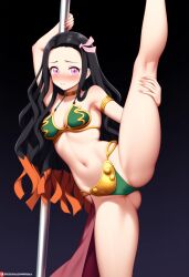 ai_generated black_hair blush blushing_at_viewer crossover crossover_cosplay demon_slayer female kamado_nezuko kimetsu_no_yaiba lifting_leg long_black_hair nezuko_kamado pink_eyes pole_dancing slave_leia_(cosplay) solo_female star_wars stripper_pole