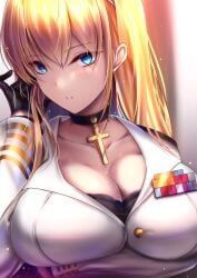 akeyama_kitsune arm_under_breasts azur_lane black_choker black_gloves blonde_hair blue_eyes bra bra_peek breasts cg choker cleavage collarbone cross cross_choker female gloves hair_between_eyes hairband hand_up iron_cross jacket large_breasts long_hair long_sleeves looking_at_viewer military military_uniform necklace north_carolina_(azur_lane) parted_lips sidelocks solo underwear upper_body white_hairband