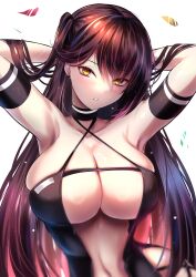 akeyama_kitsune arm_strap armpits arms_behind_head arms_up azur_lane bare_shoulders black_dress blush breasts brown_hair center_opening cg choker cleavage collarbone criss-cross_halter dress earrings female hair_between_eyes halterneck jewelry large_breasts long_hair looking_at_viewer navel official_alternate_costume one_side_up parted_lips race_queen revealing_clothes simple_background skindentation solo upper_body very_long_hair white_background yellow_eyes zuikaku_(azur_lane) zuikaku_(the_wind's_true_name)_(azur_lane)