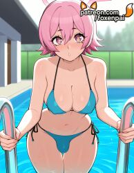1futa 2025 ai_generated artist_name bikini blue_archive blue_bikini blush breasts bulge bust chest foxenpai futanari hi_res high_quality high_resolution highres holding koyuki_(blue_archive) navel ocean patreon patreon_username pink_hair pool pool_ladder poolside short_hair side-tie_bikini solo stable_diffusion swimsuit wading wading_pool water watermark wet