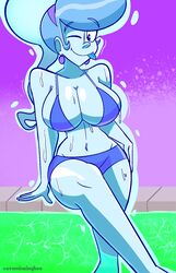 1girls 2020 atomickingboo big_breasts bikini blue_hair blue_skin breasts cleavage earrings eyebrows_visible_through_hair female female_only ghost ghost_girl navel one_eye_closed original original_character silvia_phantasm smile solo swimsuit tongue tongue_out wet wink