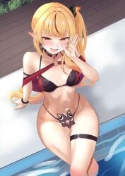 blonde_hair elf_ears elf_female elf_girl female_focus front_view hag light_skinlight_skinned_female long_hair necromancer pointy_ears red_eyes red_hair ruby_runeheart small_breasts solo solo_focus swimsuit thighs two_tone_hairchromashift vtuber vtuber_fanart1girls witch youngelf