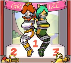 2girls ami_bandicoot anthro arms_behind_back bondage boots captured clothed crash_(series) crash_team_racing_nitro-fueled crossover female femsub gag gagged mario_(series) mario_kart multiple_subs princess_daisy tape_gag tied_hair waltodile