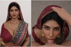 3d 3d_(artwork) ai_generated bangle big_breasts bindi black_hair blowjob cleavage clothed_female_nude_male cock_in_mouth dark-skinned_female earrings hand_on_head indian indian_clothes indian_female looking_at_viewer looking_up male_pov necklace oral oral_sex pov saree sari