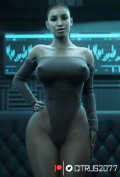 1girls 3d bald bald_female big_breasts breasts cd_projekt_red citrus2077 cyberpunk_2077 dark-skinned_female dark_skin erect_nipples female large_breasts nipple_bulge nipples nipples_visible_through_clothing nude shaved_head solo t-bug_(cyberpunk_2077)