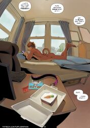anthro ass bed bedroom cake cake_slice canid canine canis carrot_cake collar comic desk dessert dialogue dog_ears dog_tail domestic_dog electronics english_text femboy food furniture lying lying_on_bed male mammal nude on_bed on_front phone purplebirdman solo speech_bubble table text tyler_(falcon_mccooper)