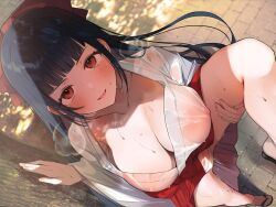 black_hair blunt_bangs blush bow breasts breath brown_eyes cleavage collarbone covered_nipples female from_above hair_ornament hairbow hakama hakama_skirt highres hime_cut japanese_clothes kimono large_breasts leg_up long_hair looking_at_viewer miko nipples no_bra open_mouth original outdoors panties pussy_juice red_bow red_eyes red_hakama robe sandals see-through_clothes shirt sidelocks skirt smile socks solo spread_legs standing standing_on_one_leg sweat tabi towanemuru tree underwear wet wet_clothes wet_panties white_kimono white_panties wide_sleeves zouri