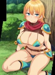 1girls bikini_armor blonde_hair blue_eyes blush breasts immoral_game_master_the_animation large_breasts looking_at_viewer navel outdoors screencap stitched sweat thick_thighs