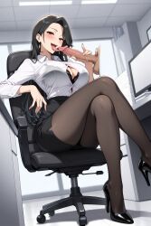 ai_generated black_bra black_hair black_pantyhose black_skirt brown_eyes button_gap cleavage earrings fellatio femdom half-closed_eyes hand_on_penis heels high_heels long_hair looking_at_viewer office office_chair office_lady pantyhose pencil_skirt penis_lick smile smirk tongue tongue_out white_shirt