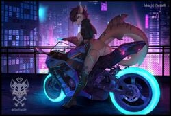 anthro anus ass black_sclera boots bottomless brown_hair city_lights clothed clothing female fish fleet-foot footwear genitals hair hi_res jacket leather leather_clothing leather_jacket leather_topwear marine motorcycle neon_lights night pussy shark shark_tail solo topwear vehicle