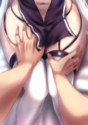 1boy akeyama_kitsune azur_lane cg dress female garter_straps hand_on_another's_thigh long_hair lower_body navel official_alternate_costume out_of_frame pov race_queen shoukaku_(azur_lane) shoukaku_(sororal_wings)_(azur_lane) sitting skindentation solo_focus straight thigh_grab thighhighs thighs white_hair white_thighhighs