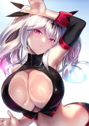 against_fourth_wall against_glass akeyama_kitsune arm_up armpits azur_lane bare_shoulders blush breast_press breasts breasts_on_glass cg cleavage cleavage_cutout closed_mouth clothing_cutout crop_top detached_sleeves female hair_between_eyes hair_ornament hair_ribbon huge_breasts joffre_(azur_lane) joffre_(blessings'_first_flight)_(azur_lane) large_breasts long_hair looking_at_viewer midriff pink_eyes sidelocks solo twintails upper_body white_hair