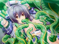 absorbgil arms_up black_hair breast_sucking breasts brown_eyes chest_jewel crack elbow_gloves exs-tia exs-tia_(exs-tia_3) fellatio female game_cg gloves headgear inoino katsuragi_marina kouyoku_senki_exs-tia large_breasts large_variant_set leotard long_hair monster nipple_stimulation nipple_tweak non-web_source official_art oral orange_eyes rape restrained slime_(substance) solo tentacle tentacle_sex torn_clothes torn_leotard variant_set yellow_eyes